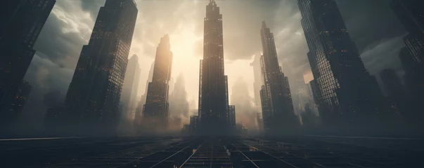 Fototapete Rund Skyscrapers, futuristic dark city © Filip