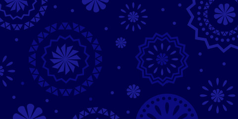 Hispanic heritage month background. Vector banner, poster for social media, networks. Greeting card with copy space. National Hispanic heritage month text, Papel Picado pattern on blue background.