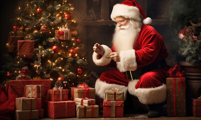 Santa puts presents under the Christmas tree in the living room, a bunch of Christmas presents, a fire in the fireplace. Magic moment