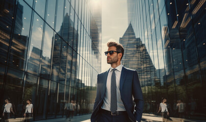 Successful businessman walking down the business centrum, reflective skyscrapers around - obrazy, fototapety, plakaty