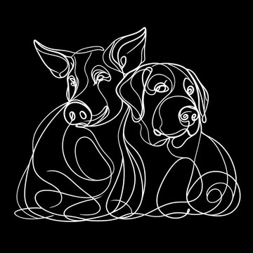 A black and white illustration featuring a dog and a pig drawn on a dark background.