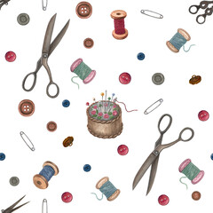 Vintage sewing tool watercolor seamless pattern. White background.