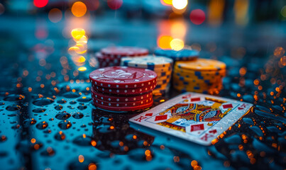 Close-up of royal flush playing cards with poker chips stack on a wet, dark surface, evoking the high stakes and glamour of casino gambling - obrazy, fototapety, plakaty