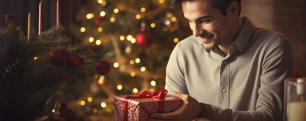 Happy and surprised man with christmas gift in amazing christmas background. Christmas time concept.