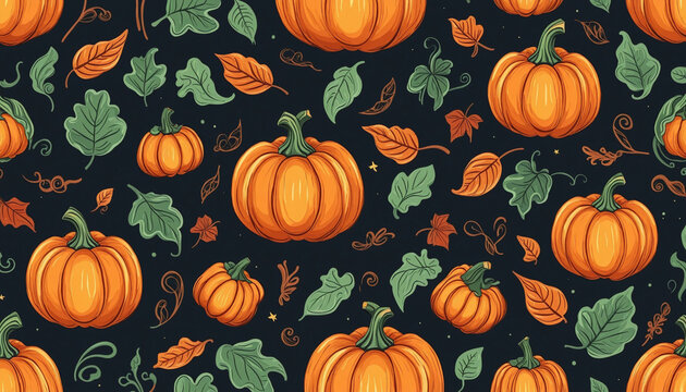 Halloween pumpkin drawing seamless pattern illustration. Fall season harvest vegetable background print for october holiday celebration or thanksgiving event. Decorative hand drawn texture art.	