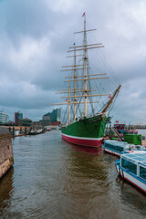 Fototapeta na wymiar View of the sailing ship Rickmer Rickmers in Hamburg.