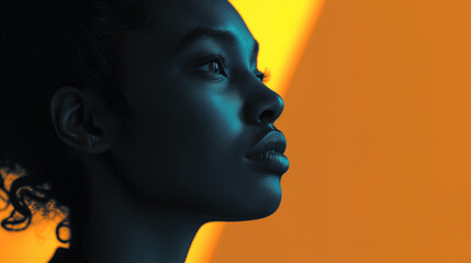 The stark silhouette of a side profile of a black woman against a gradient background of yellow to...