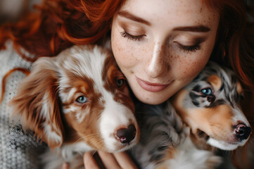 natural beauty red haired woman with two merle Australian shepherd puppy dog at home
