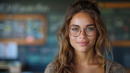 A portrait of a happy female teacher wearing eyeglasses in a classroom