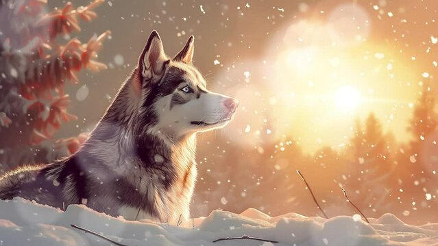 Vibrant Cartoon Siberian Husky Adventure in a Snowy Landscape: Cute and Picturesque