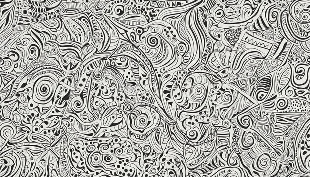 Abstract black and white line doodle seamless pattern. Creative squiggle style drawing background, trendy design with basic shapes. Simple hand drawn wallpaper print texture.	