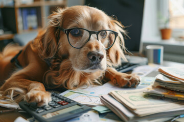 Economist dog in glasses tackling monetary challenges surrounded by calculators bills and crisis indicators