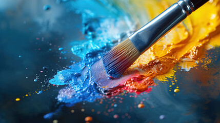 Fototapeta premium Witness the magic of multi-colored paintbrushes at work on a vibrant watercolor painting
