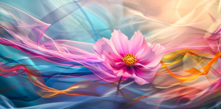 A pink cosmos flower stands out against an abstract background of flowing, colorful silk-like fabric, creating a sense of movement and beauty