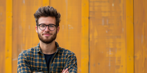 Young Caucasian male in his 20s with stylish hair and glasses, arms crossed, stands before a vibrant yellow background