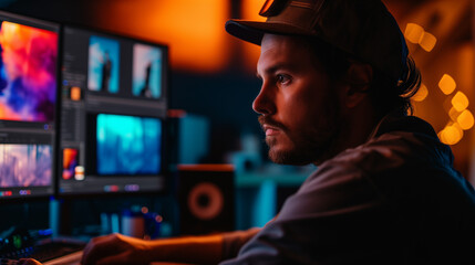 Side profile of a dedicated man with a beard editing video in a vibrant, neon-lit studio, wearing a casual cap
