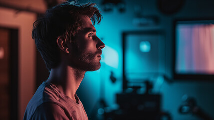 A young man with a beard is silhouetted against a blue-hued room, looking off into the distance