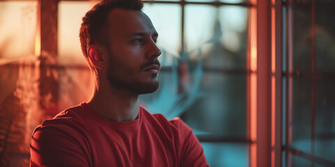 Serene young man in a red shirt with a reflective gaze, bathed in the warm sunset light coming through windows