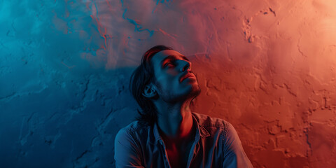 Man in serene contemplation, bathed in a dichotomy of warm red and cool blue lighting, against a textured backdrop