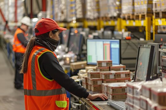 Warehouse workers are using computers to check inventory The computer screen displays information on the remaining stock shipping status and other related data
