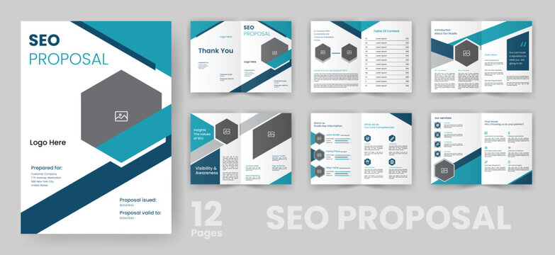 SEO Project Proposal Brochure Template. Website Marketing Presentation with Blue Accent