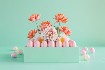 Exquisite 3D rendered spring flowers in pastel colors emerging from a minimalist box, capturing beauty and elegance