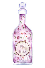 Glass bottle with aromatic salt watercolor element isolated on transparent background