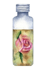 Glass bottle with rosebud in oil watercolor element isolated on transparent background