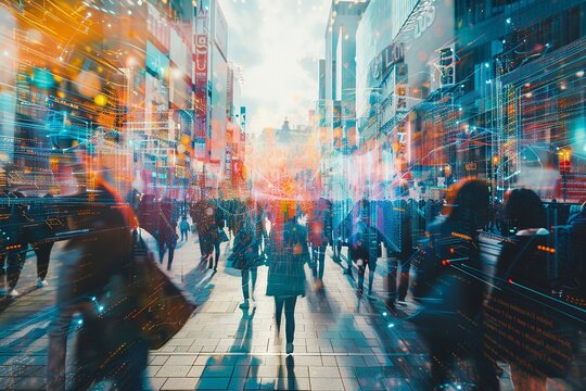 A wide-angle shot captures a diverse group engaging with technology, symbolizing digital transformation as a force for empowerment, diversity, and collective progress in today's world