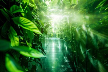 Fototapeta premium A peaceful pathway through lush green foliage in a light-filled greenhouse or indoor garden space