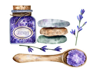 A jar of dry lavender flowers with a cork tied with jute, stones for stone therapy, a wooden spoon with aromatic salt, lavender sprigs set of watercolor elements isolated on transparent background