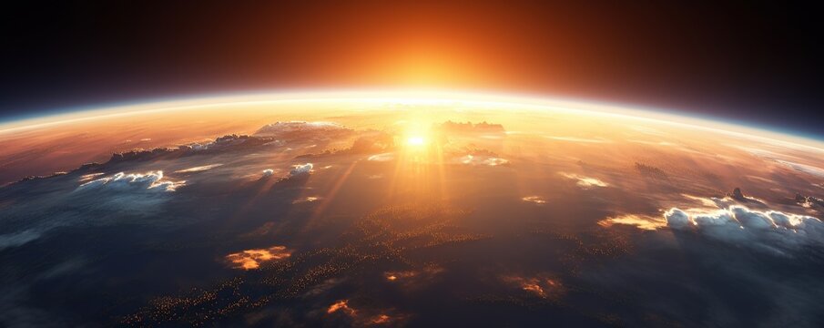 panoramic sunrise covered by the earth. seen from space.