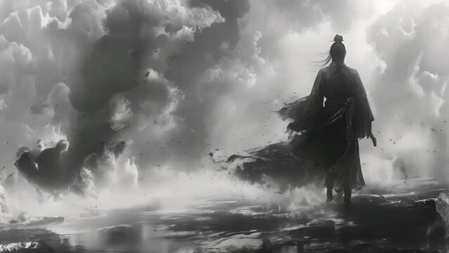 躍動感ある侍の後ろ姿,Generative AI 