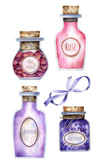 Set of 4 glass bottles, stoppered with aromatic oils and dry lavender and rose petals, lilac ribbon tied with a bow watercolor elements isolated on transparent background