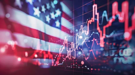 Fotobehang An abstract representation of the USA stock market with financial charts superimposed on the American flag © Radomir Jovanovic
