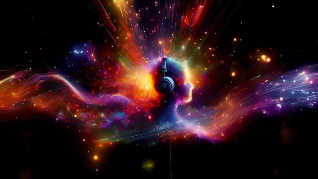 Headphones in the heart of a stellar burst convey music's transformative energy. It's a visual symphony that speaks to music's ability to transcend boundaries and ignite the senses.