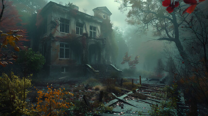 An abandoned mental hospital, in autumn, in the woods, in the rain, in the fog. Generative AI