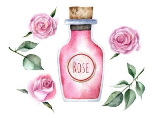 Glass bottle with rose oil closed with cork, Flowers and leaves of pink roses set of hand drawn watercolor elements isolated on transparent background

