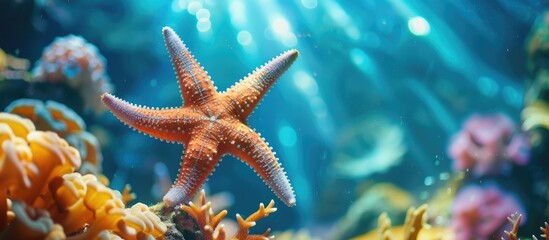 A starfish is seen swimming gracefully through the clear blue ocean waters. Its vibrant colors stand out against the sandy ocean floor as it moves along using its tube feet. - obrazy, fototapety, plakaty