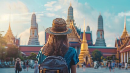 Beautiful Asian girl walks in Wat Phra Kaew and tours the Grand Palace in Bangkok, Thailand.