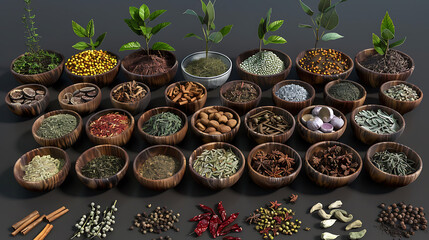 Obraz na płótnie Canvas Spices and herbs selection in wooden bowls on black background