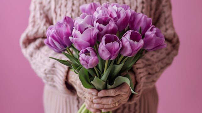 Close-up image capturing a woman's hands as she gracefully holds a bouquet of tulips