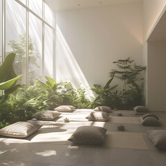 Tranquil meditation space bathed in soft natural light, featuring minimalist decor and lush greenery for a calming atmosphere