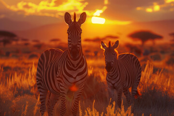 Portrait of two zebras in the savanna against the background of a beautiful orange sunset 