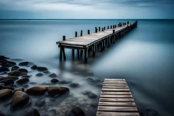 Rolgordijnen wooden pier on the beach © Mishal