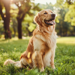 Happy golden retriever dog sitting in sunny summer park

