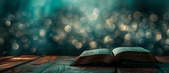 Mystical open book on a rustic wooden surface with a magical array of bokeh lights enhancing the atmosphere