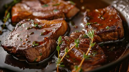 Porterhouse steak in wine sauce in skillet.