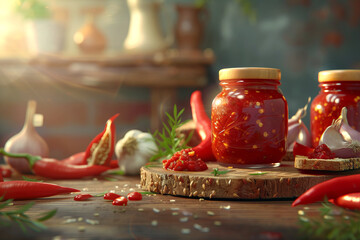 Homemade Ajvar spread with onion and red chili pepper in a jar with elements of garlic, chili and spices on a beautifully lit background
