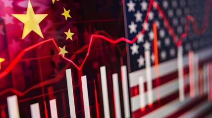 Decreasing stock bar graph with USA and China flags It symbolizes the crisis, trade wars, tariffs between countries, economies.